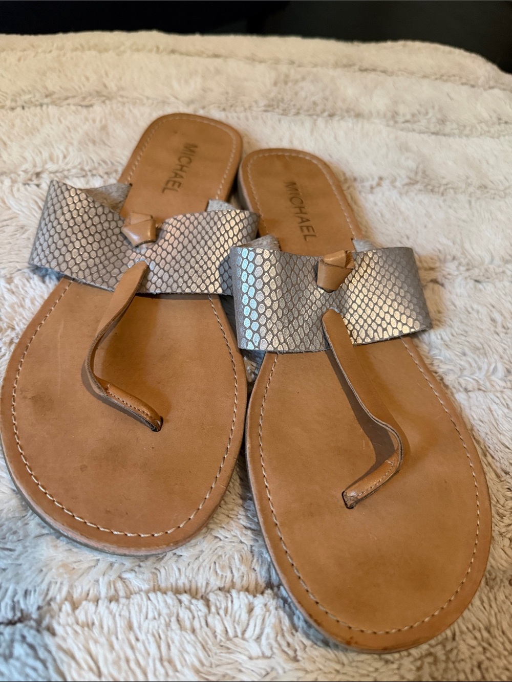 Michael Kors Silver Snake-Print Thong Slide Sandals with Tan Footbed
